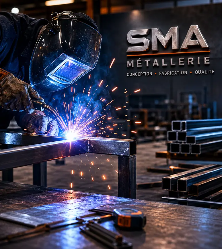 Soudeur SMA Métallerie réalisant l'assemblage d'une structure métallique sur mesure dans un atelier de métallerie