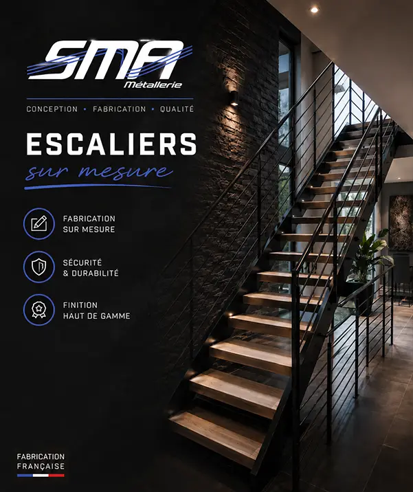 Escalier métallique sur mesure fabriqué par SMA Métallerie dans les Vosges, associant structure en acier, marches bois et design contemporain pour l'intérieur et l'extérieur.