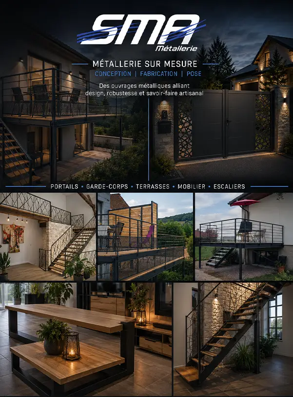 Métallerie sur mesure dans les Vosges : fabrication et pose de portails, escaliers métalliques, garde-corps, terrasses suspendues et mobilier design par SMA Métallerie.