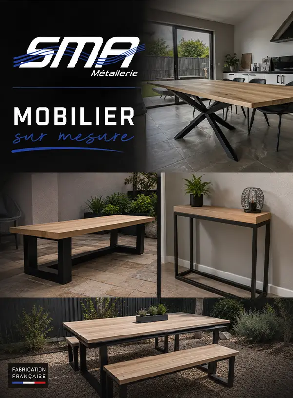 Mobilier métallique sur mesure fabriqué par SMA Métallerie dans les Vosges, associant acier, bois et design contemporain pour des créations uniques destinées aux particuliers et aux professionnels.